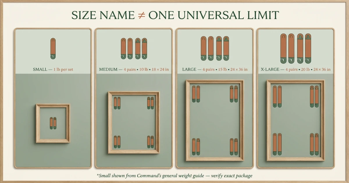Side-by-side comparison of small, medium, and large Command strips on a neutral surface