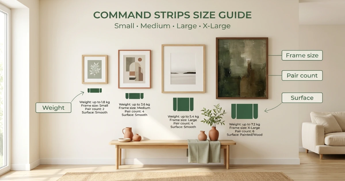 Renter holding different sizes of Command picture hanging strips against a painted apartment wall