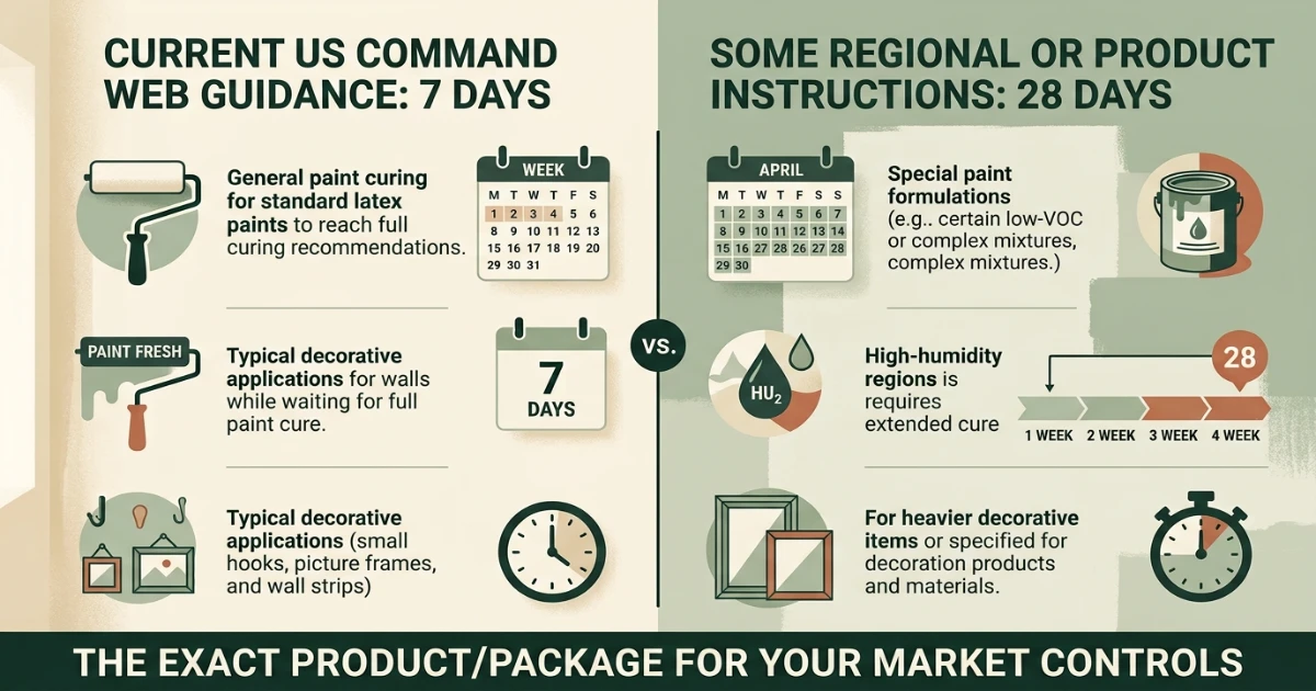 Analytical comparison explaining why some Command instructions say 7 days after painting while others say 28 days