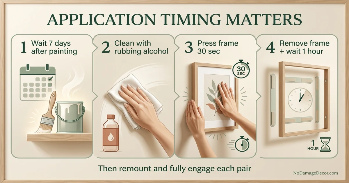 Analytical four-step Command strip application guide showing paint wait time, rubbing alcohol prep, pressing and one-hour remount wait
