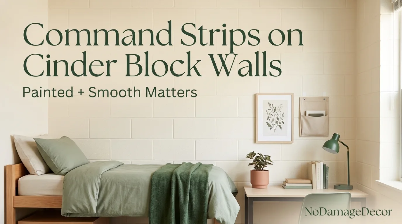 College dorm cinder block wall with lightweight decor hung using Command strips on smooth painted block