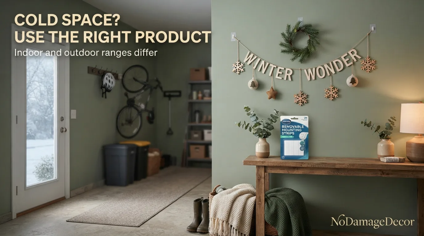 Renter checking removable adhesive strip use in a cold garage or enclosed entryway.