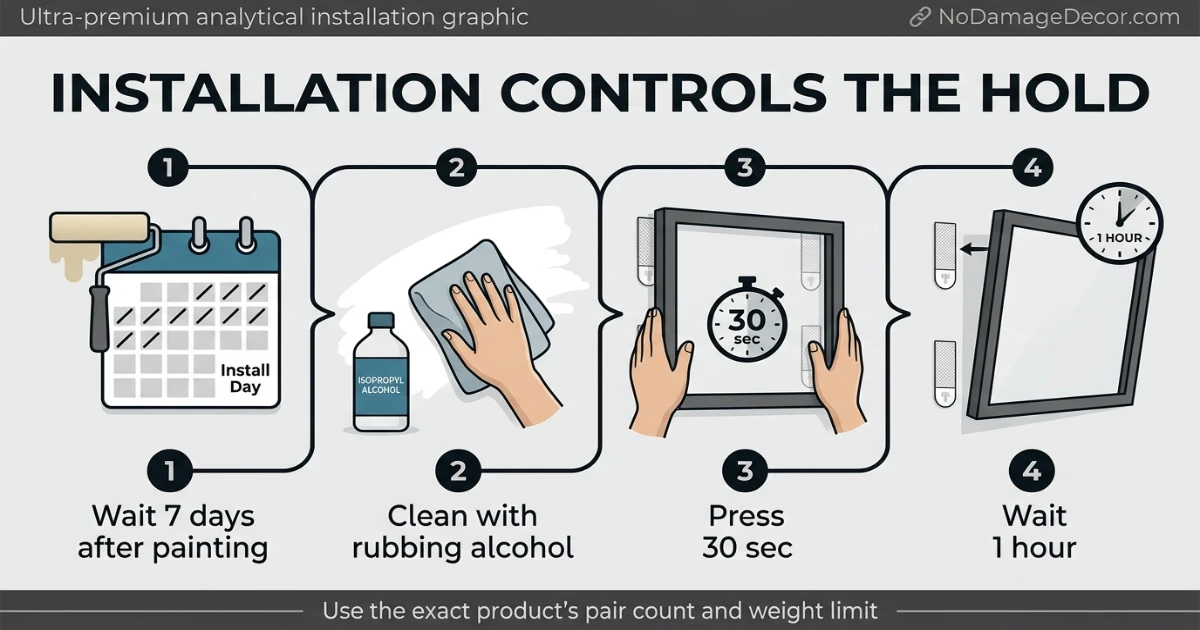 Analytical application guide showing rubbing alcohol prep, pressing for 30 seconds and waiting one hour before remounting