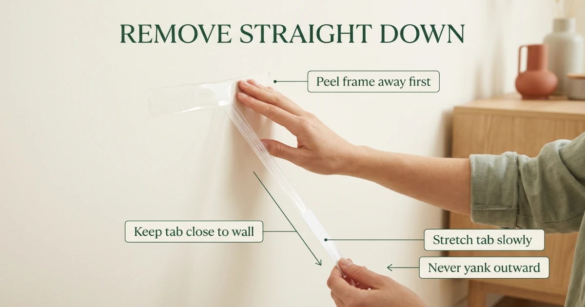 Analytical close-up showing correct Command strip removal by stretching the adhesive tab slowly straight down along the wall