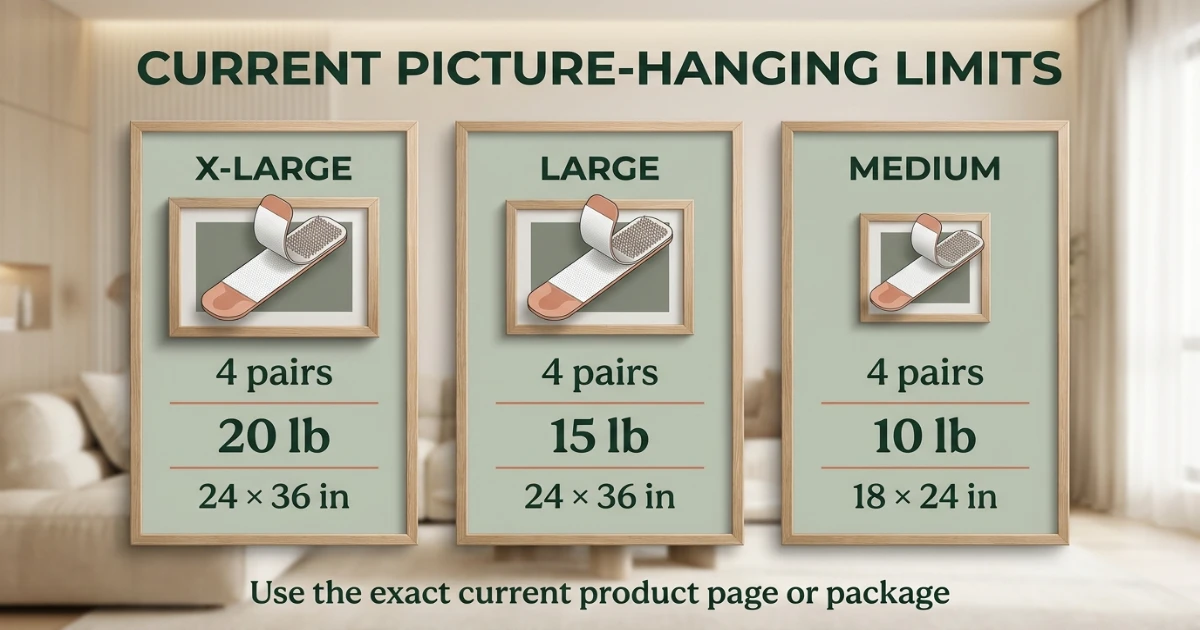 Analytical comparison of current Command X-Large, Large and Medium picture hanging strip weight and frame-size limits