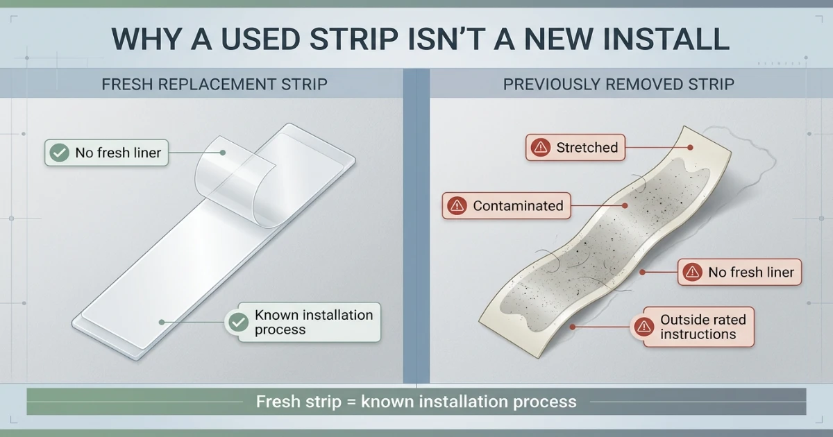 A small paint chip on an apartment wall where a reused Command strip failed during removal