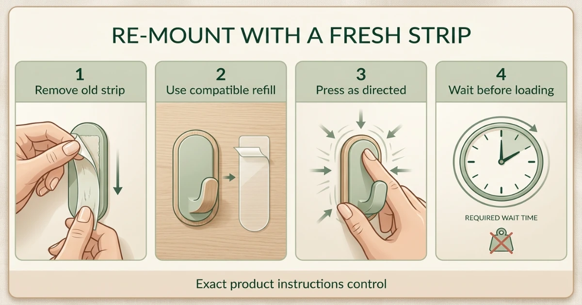Hands pressing a fresh Command strip onto a cleaned apartment wall surface