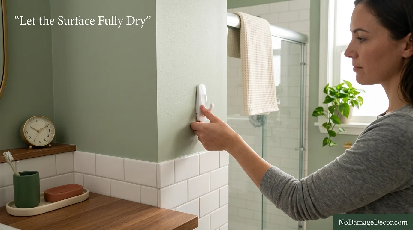 Renter reinstalling a lightweight bathroom hook on a completely dry smooth surface after humidity has cleared