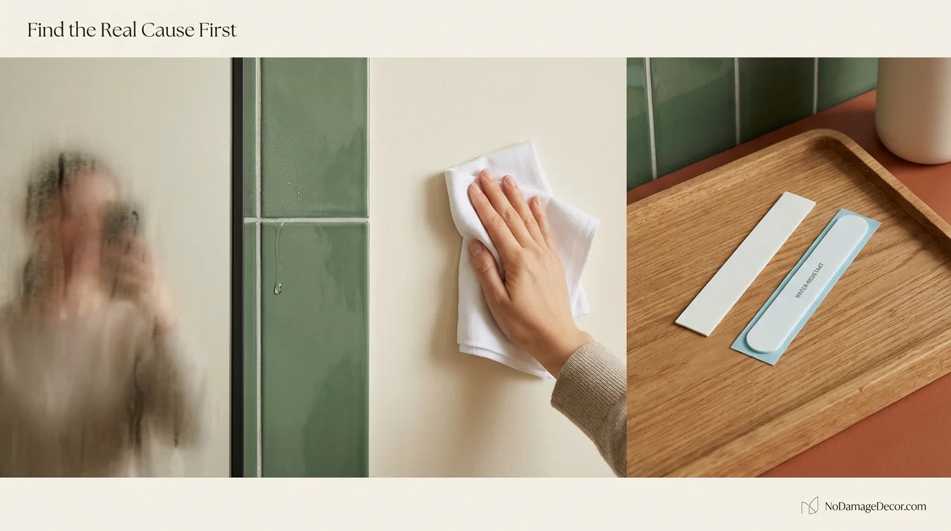 Bathroom adhesive failure causes including steam, condensation, residue, and the wrong strip type