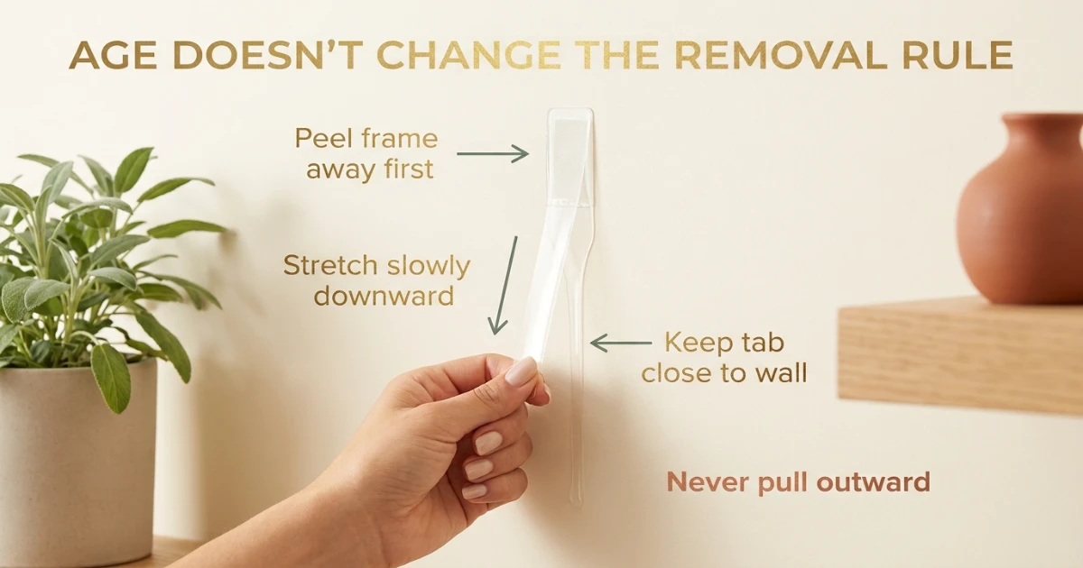 Analytical renter guide showing framed art mounted with removable strips on a smooth painted apartment wall over time