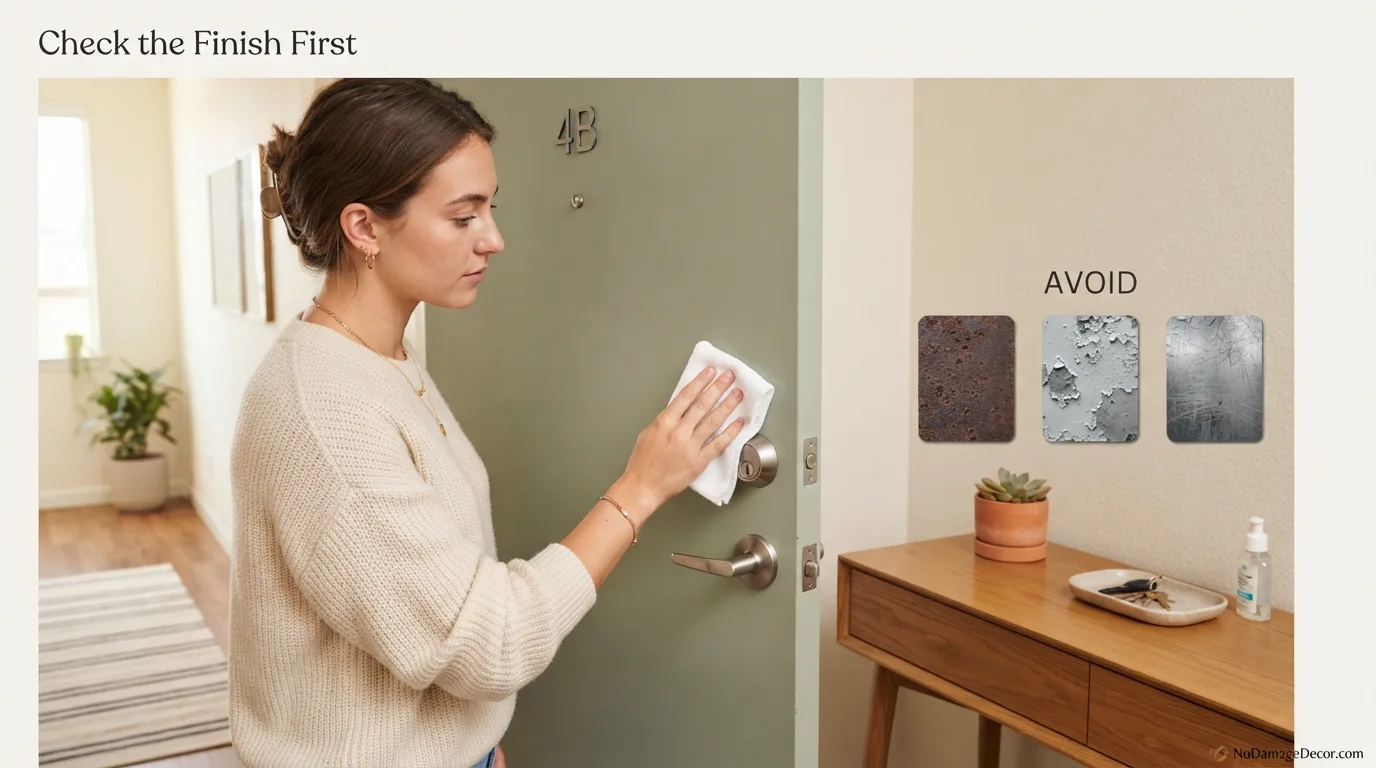 Close view of a renter checking whether a painted metal door is smooth, clean, dry, and firmly coated