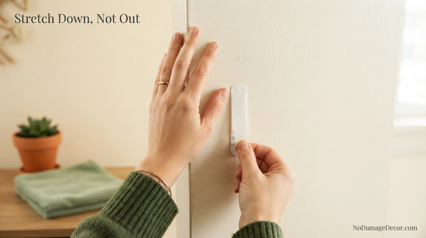 Renter removing a Command strip by stretching the tab slowly down along a smooth metal door