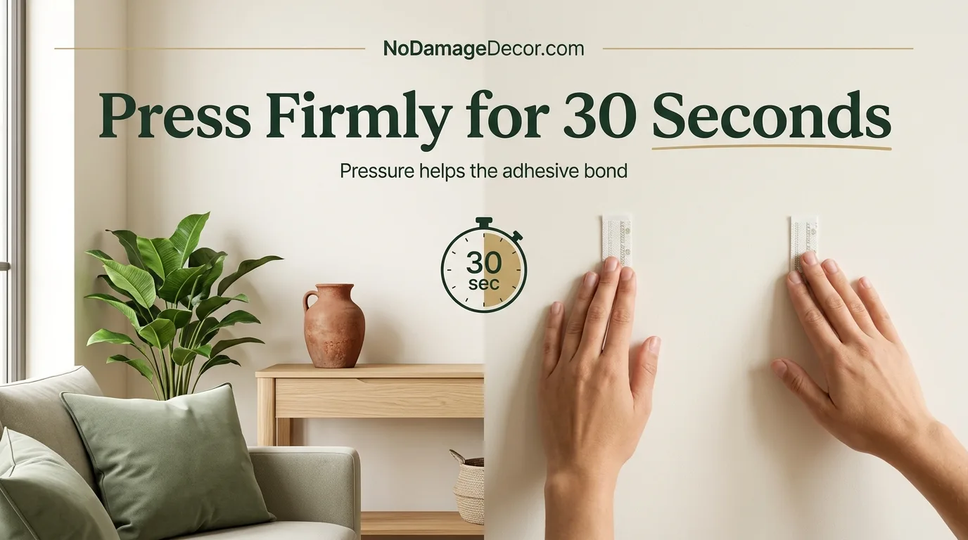 Renter pressing a Command picture hanging strip firmly against a smooth painted wall for thirty seconds in a rental apartment