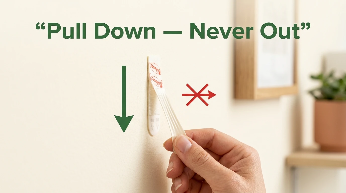 Renter pulling a Command strip tab straight down slowly and parallel to the wall for damage-free removal in an apartment