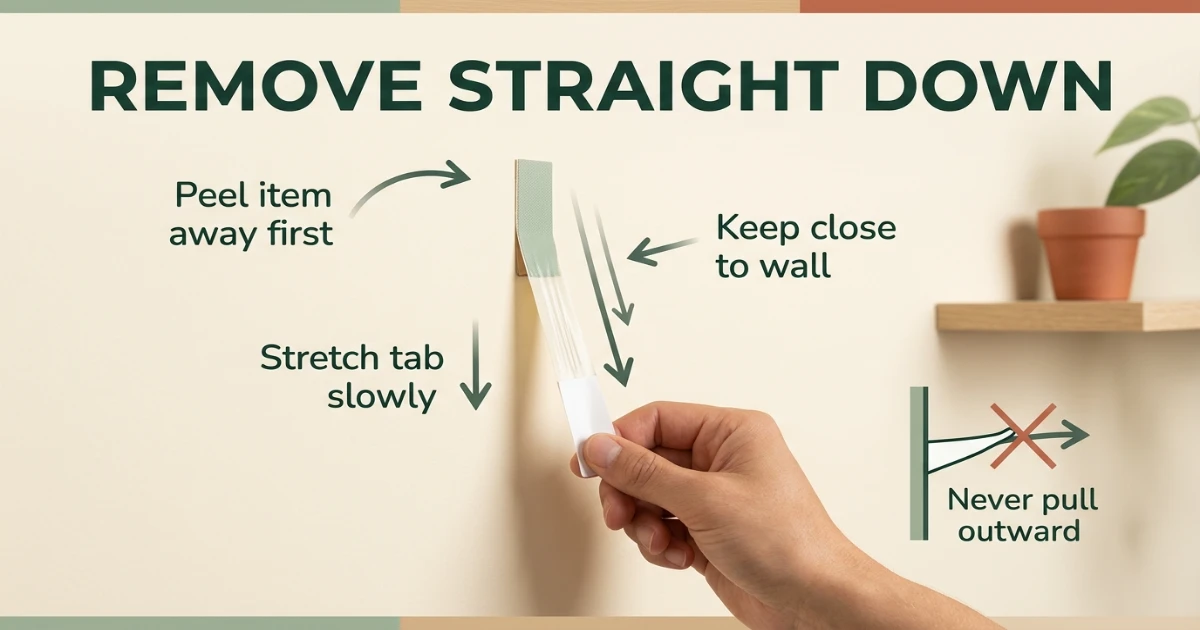 Analytical guide showing the correct straight-down removal technique for Command strips on a painted rental wall