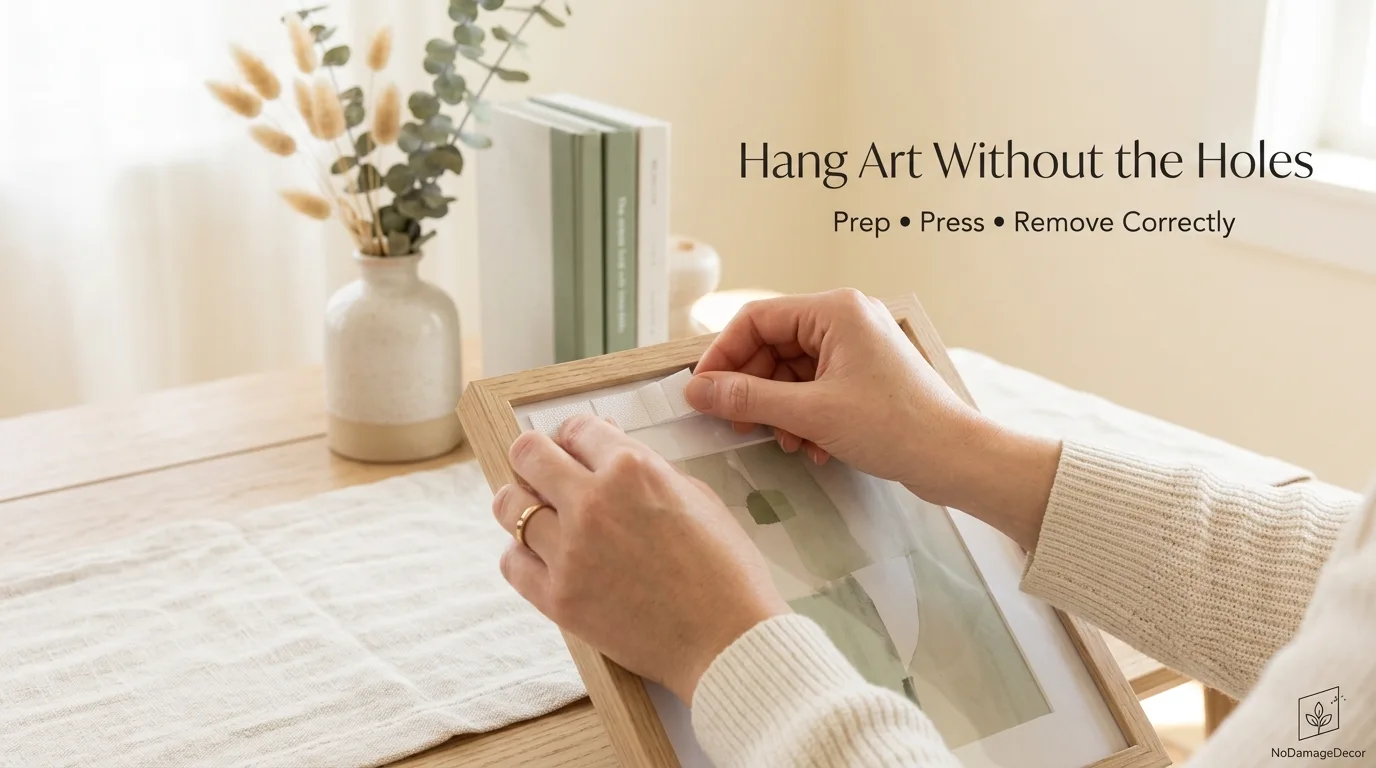 Hands pressing a Command picture hanging strip onto the back of a lightweight framed print before mounting on a painted rental wall