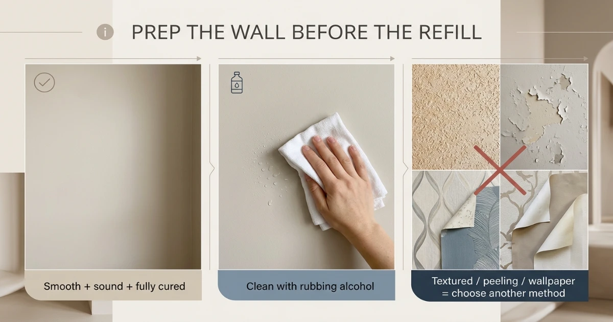 Renter cleaning an apartment wall with rubbing alcohol before applying replacement Command strips