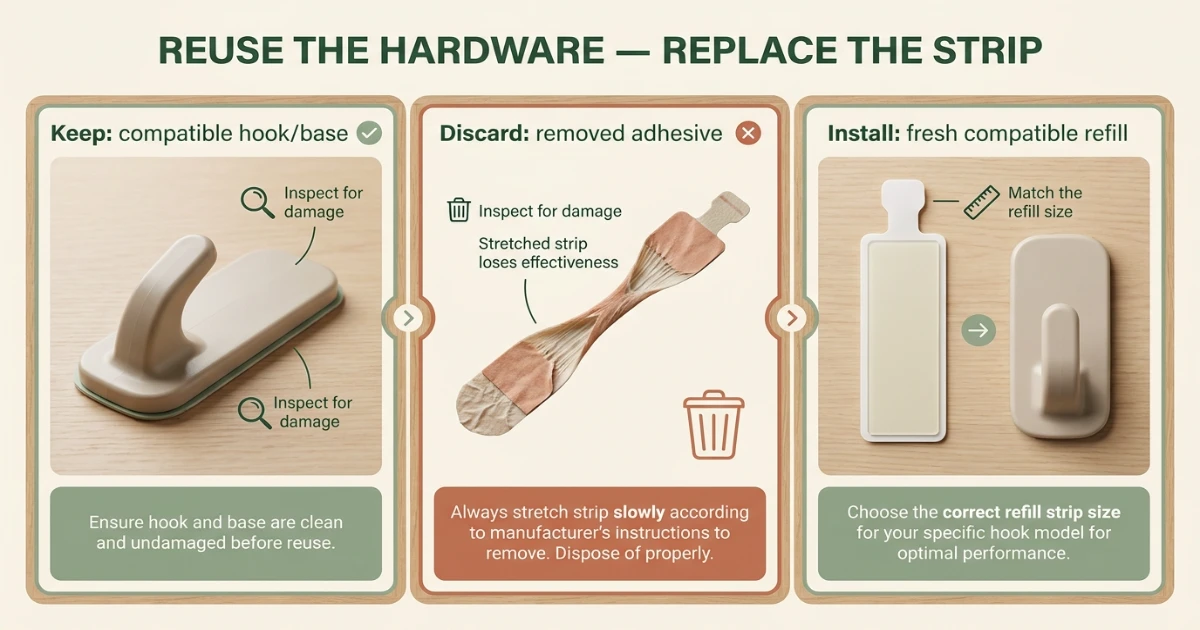 Renter's hands separating a reusable Command hook from its single-use adhesive strip for replacement