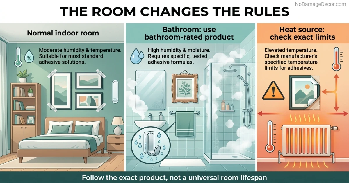 Analytical comparison of normal indoor room conditions, bathroom-specific products and heat-exposed wall locations