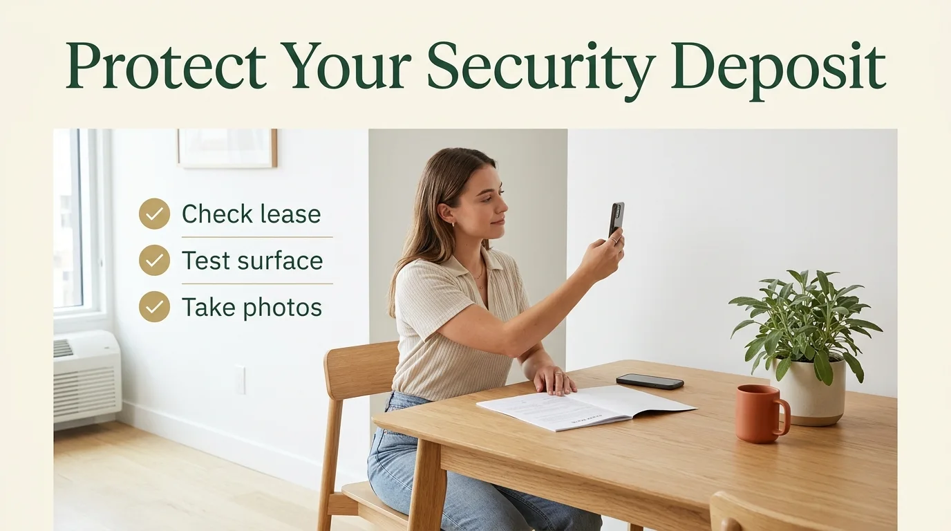 Renter reviewing a lease agreement and taking move-in photos of apartment walls before hanging Command strips