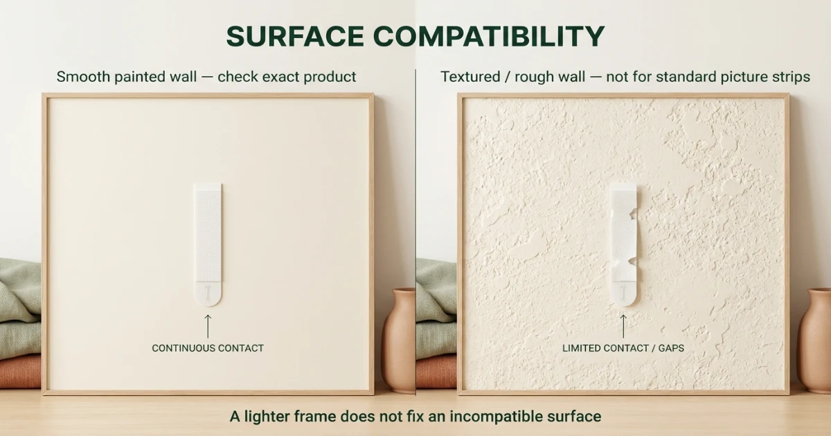 Analytical comparison of compatible smooth painted wall and excluded textured or rough wall surfaces for Command strips