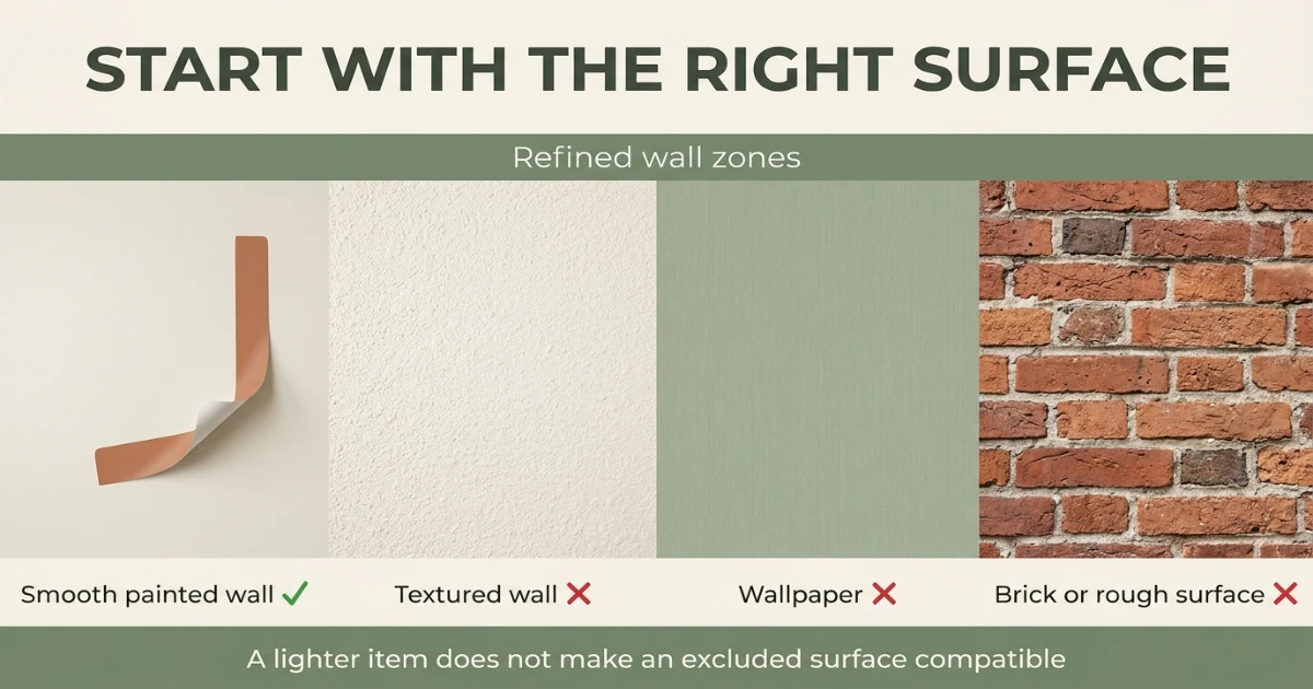 Analytical comparison of compatible smooth painted wall and excluded textured, wallpaper, brick and rough surfaces for Command strips