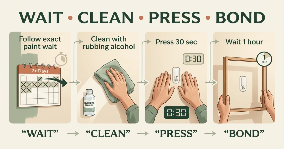 Analytical surface-preparation guide showing paint wait time, rubbing alcohol cleaning, 30-second pressing and one-hour bond time