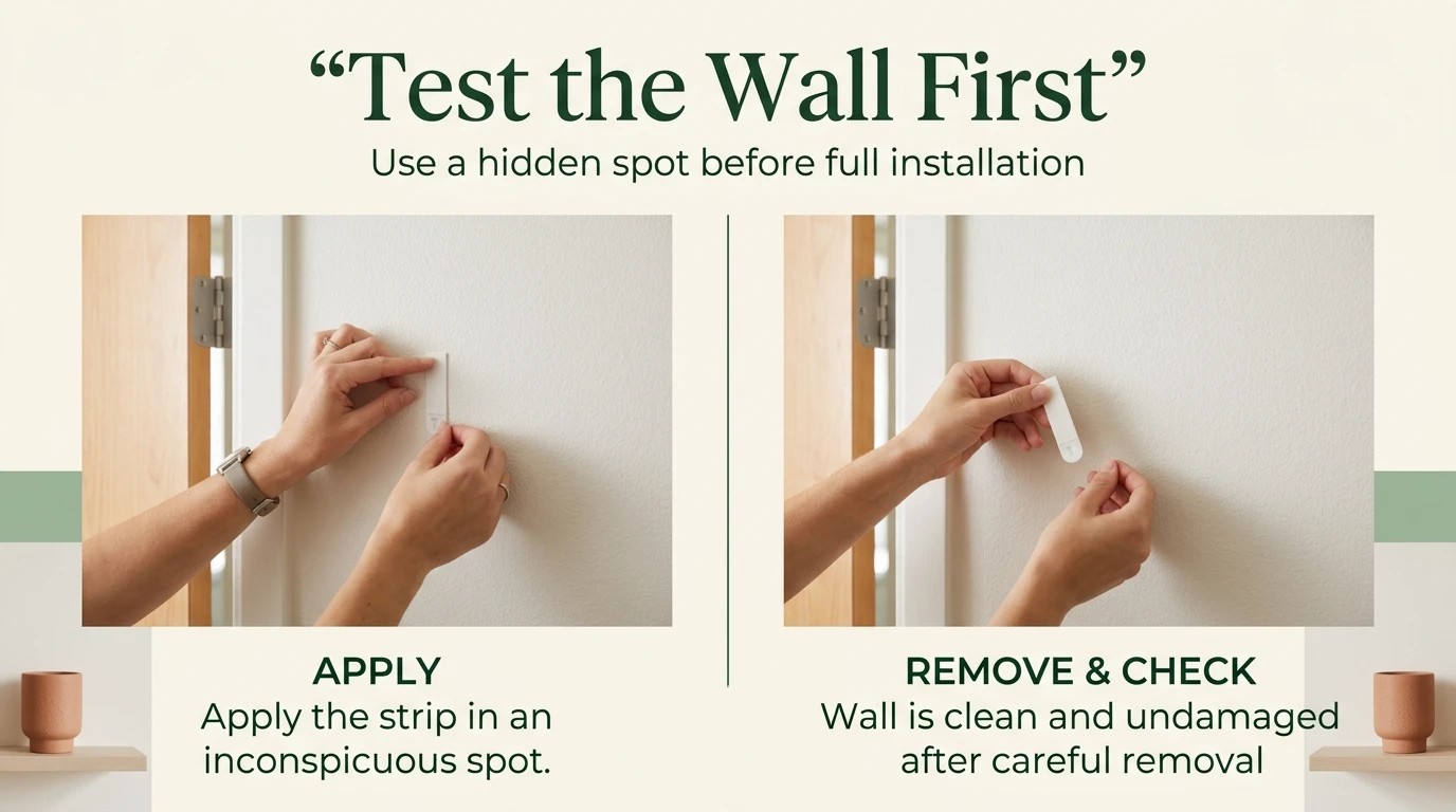 Renter testing a Command strip on an inconspicuous corner of a painted apartment wall before full installation