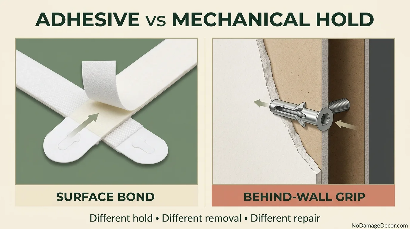 Adhesive picture hanging strips compared with a mechanical drywall anchor system