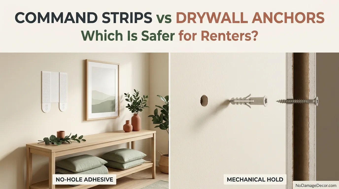 Command picture hanging strips and drywall anchors compared beside a smooth painted rental wall