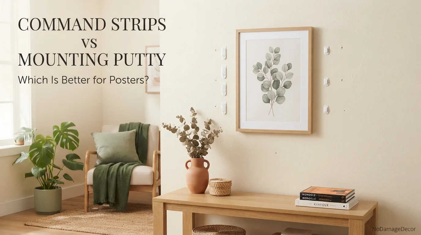 Command poster strips and removable mounting putty compared beside lightweight posters on a warm cream rental wall.