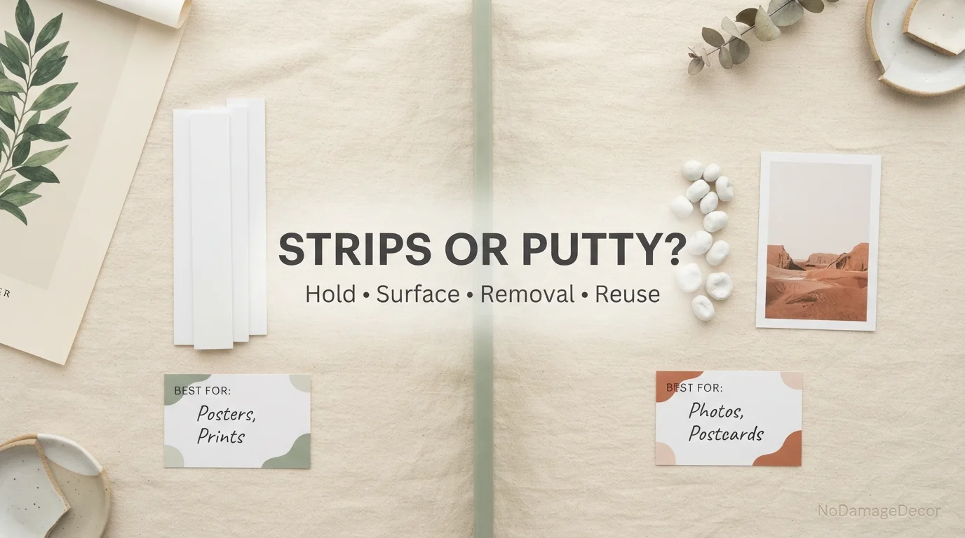 Side-by-side flat lay comparing removable poster strips with mounting putty for renter wall decor.