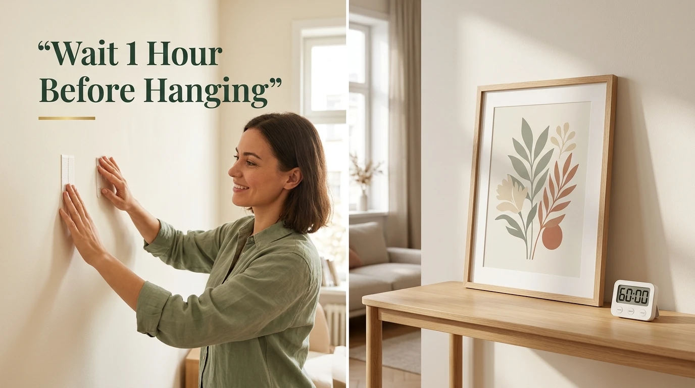 Renter pressing a Command strip firmly onto a smooth painted apartment wall before hanging a framed print