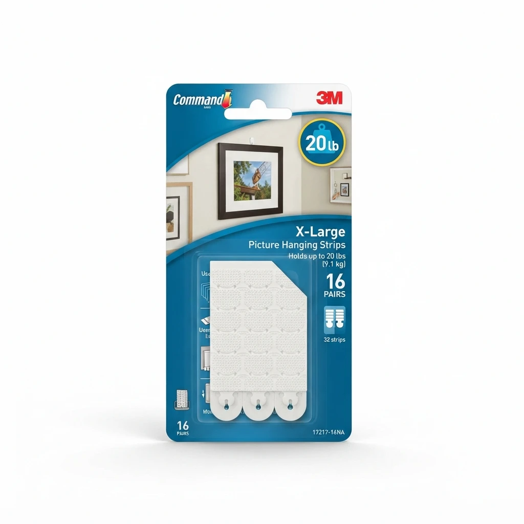 Command 20 lb X-Large Picture Hanging Strips 17217-16NA package and white strip pairs