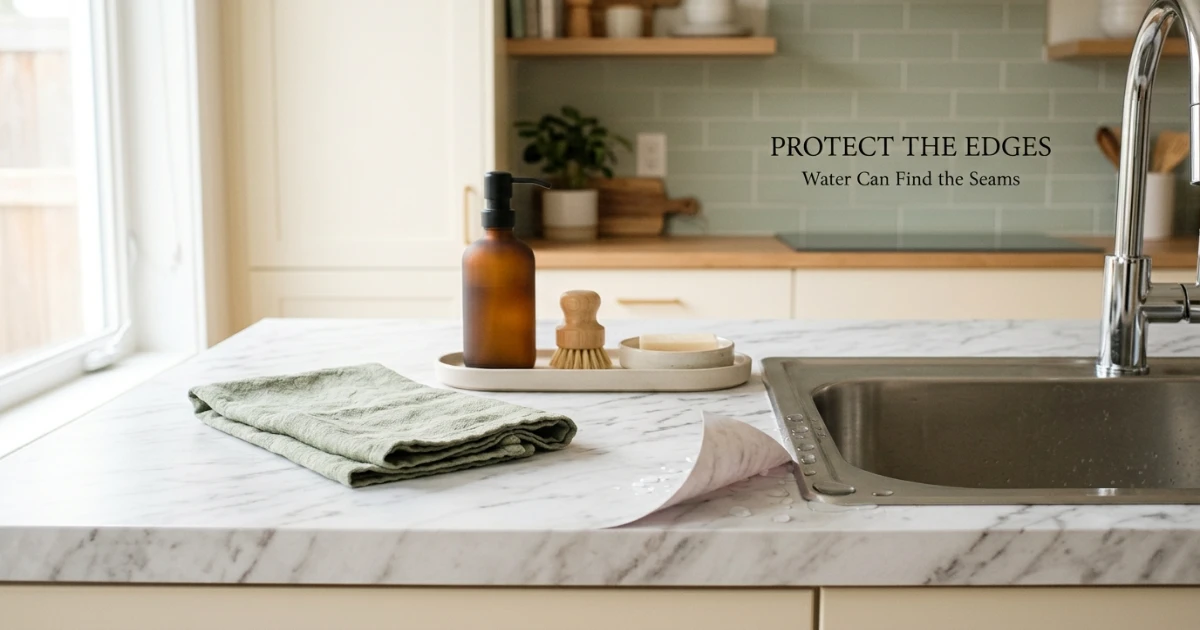 Contact paper peeling at the edge of a rental countertop near the sink showing water damage risk
