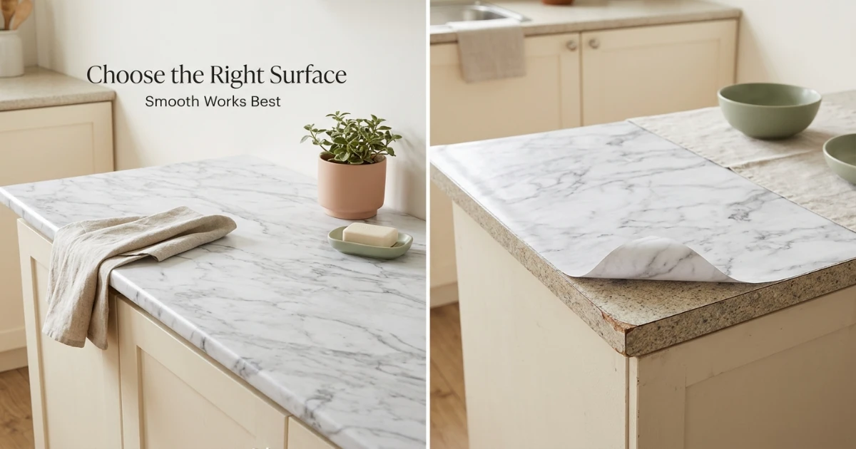 Close-up comparison of smooth laminate and textured countertop surfaces for contact paper adhesion
