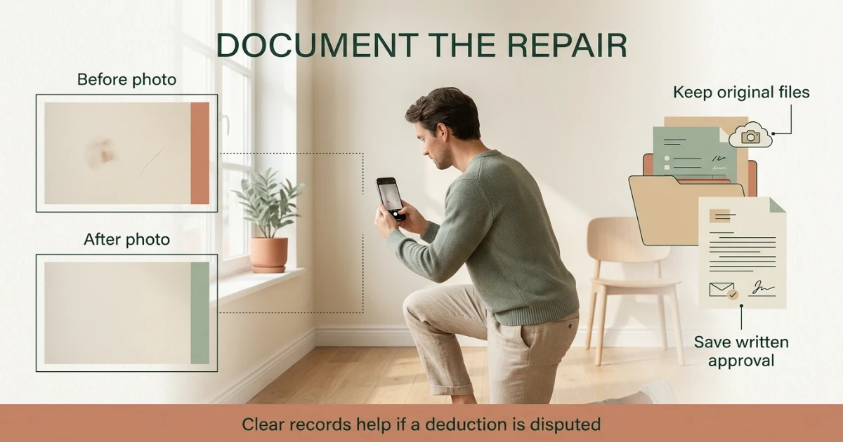 Renter photographing a repaired and repainted wall section with a smartphone during move-out walkthrough, documenting the finished repair