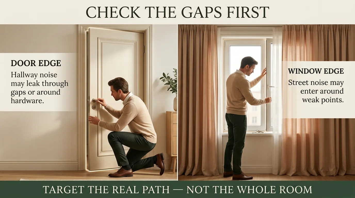 Renter checking apartment door and window edges for removable sound-leak control options