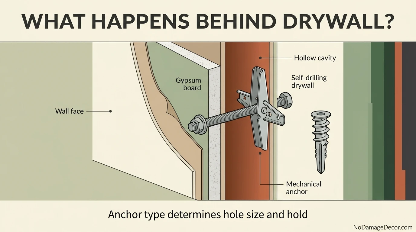 Drywall cross-section showing a toggle anchor engaging behind gypsum board