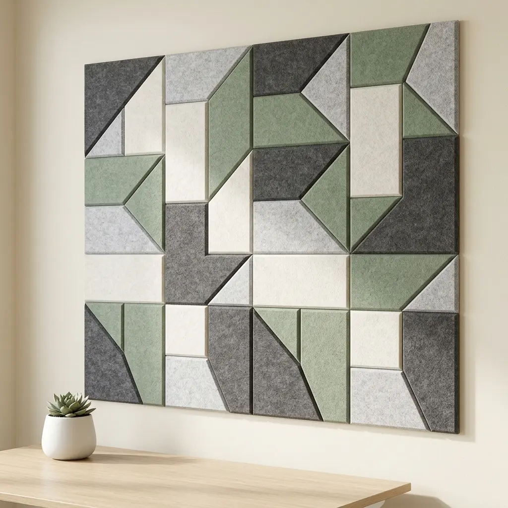 Felt Right Soho Bamboo PET felt acoustic wall tile set in Ash, Fog, Ivory and Sage