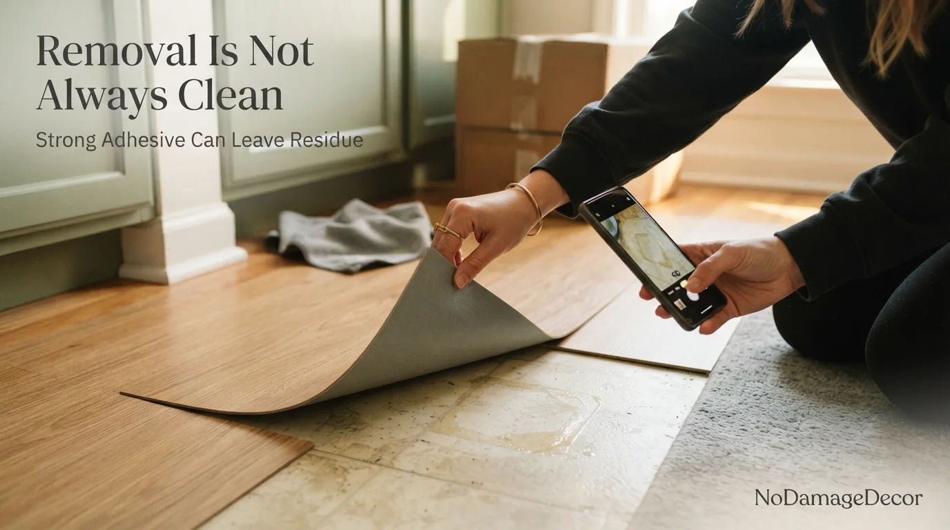 Renter lifting peel-and-stick floor tile and checking the original floor for adhesive residue
