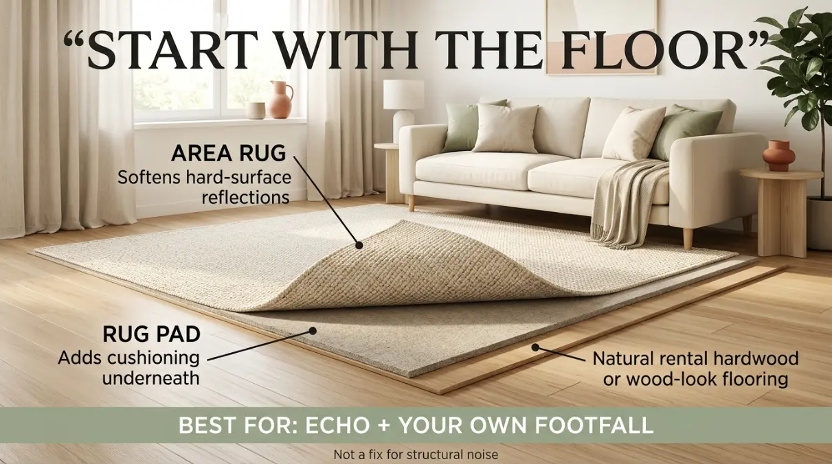 Renter placing a rug pad and large area rug over a hard apartment floor to reduce room echo