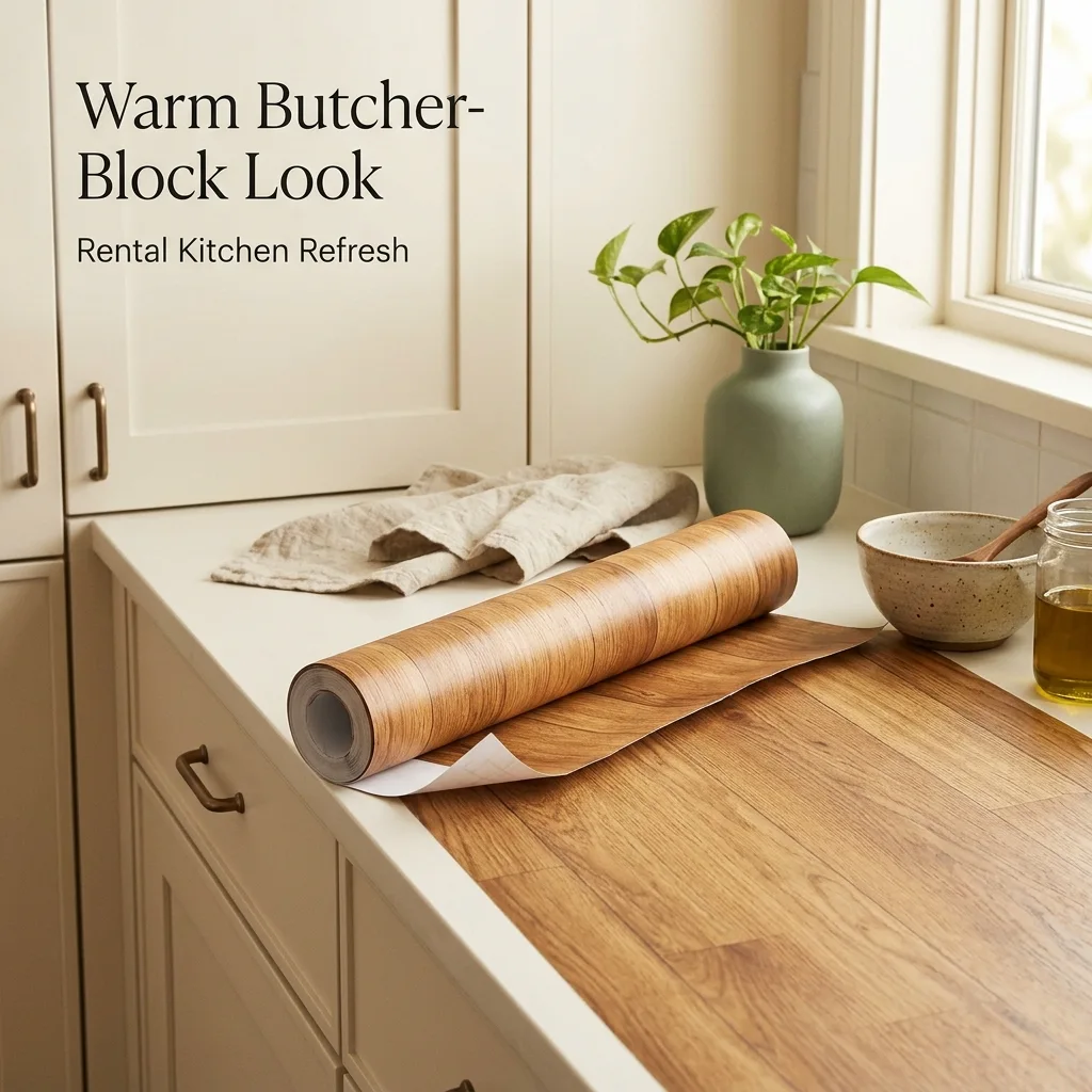 FunStick butcher block style wood grain contact paper for renter countertop covers