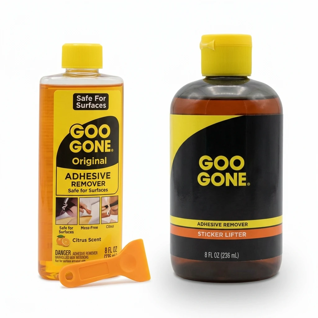 Goo Gone Original Liquid Adhesive Remover 8 ounce bottle with sticker lifter