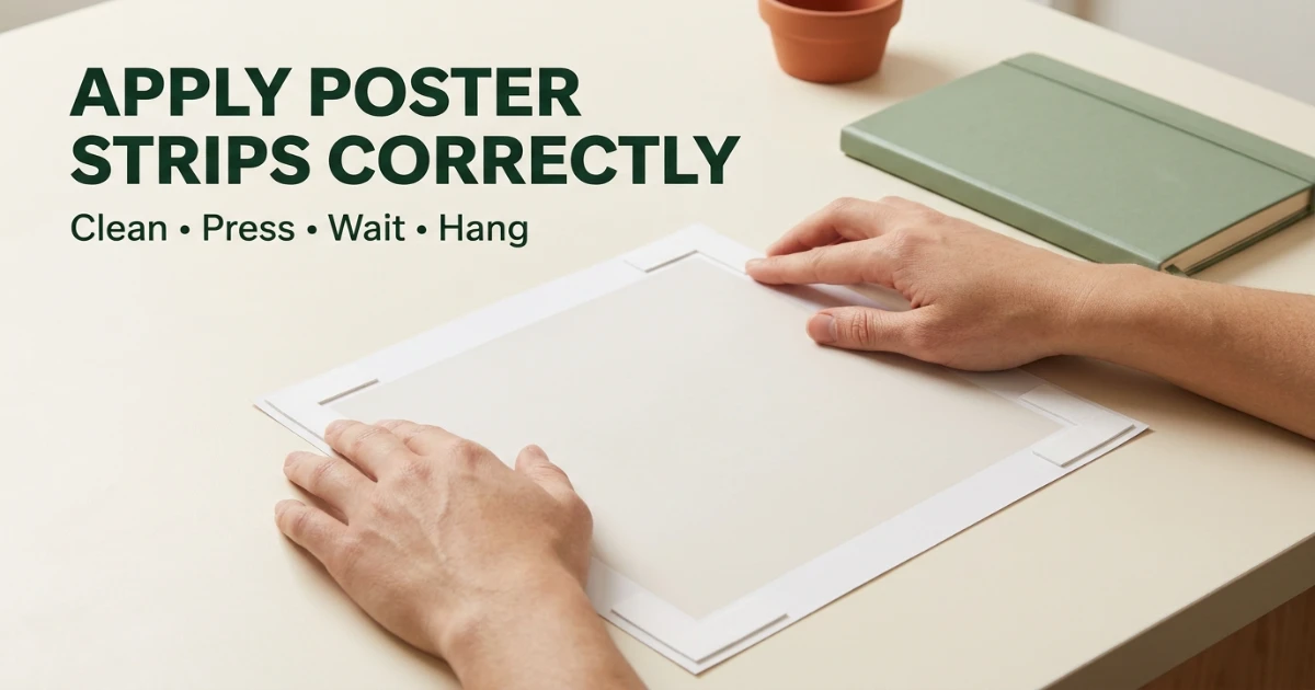 Renter pressing adhesive poster strips onto the back corners of a lightweight art print before mounting on a painted apartment wall.
