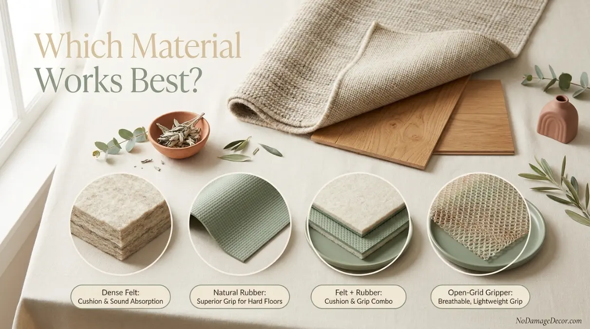 Felt, natural rubber, felt-and-rubber, and open-grid rug pad materials compared above hardwood