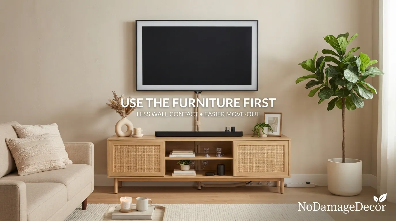 TV cables hidden behind a media console using sleeves and furniture-mounted clips