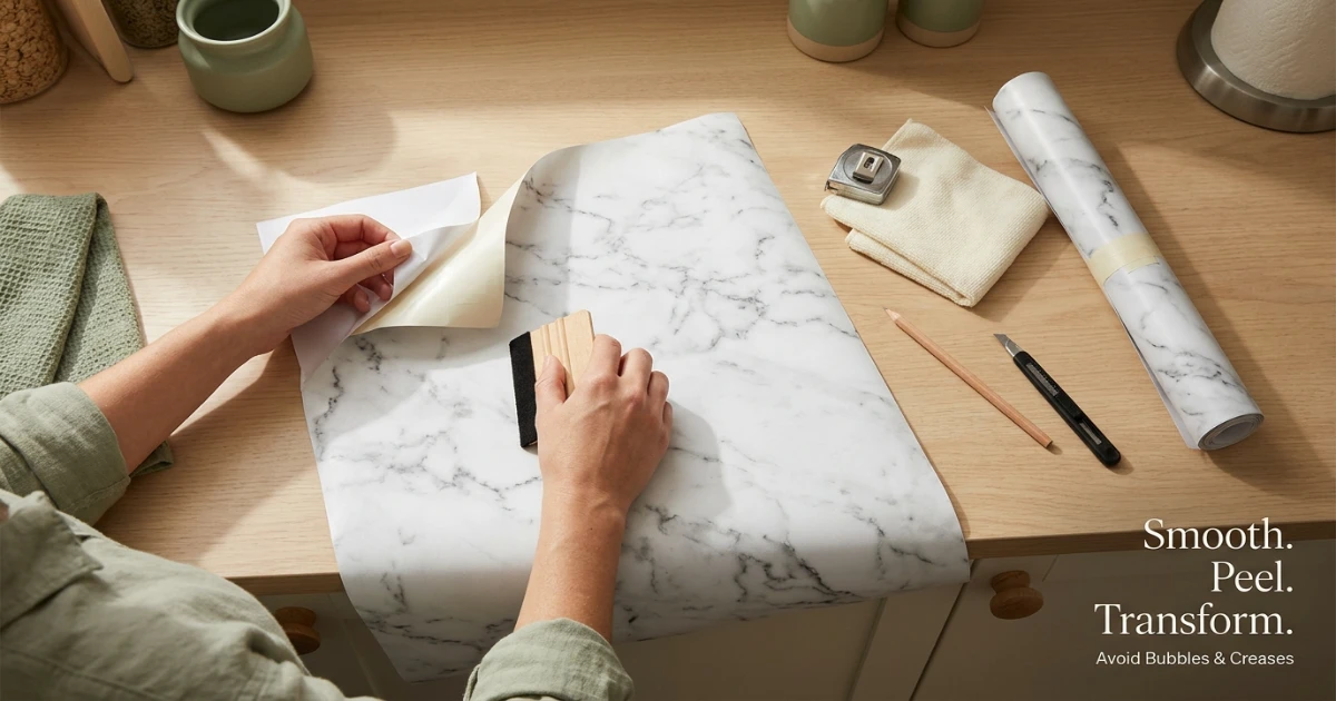 Step-by-step contact paper installation on rental countertop with squeegee smoothing out air bubbles