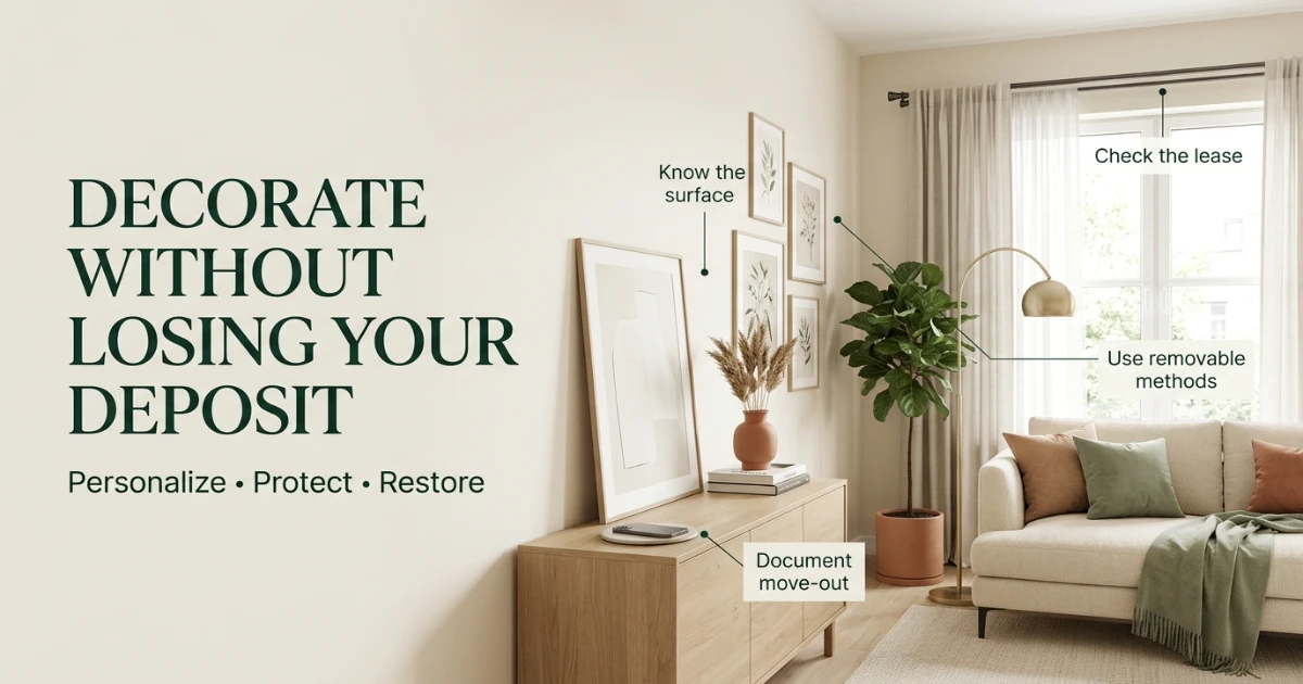 Analytical renter-friendly living room showing no-drill decor, leaning art, tension curtains and removable wall decor