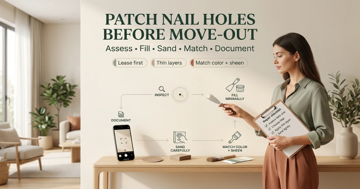 Analytical renter guide showing a small nail-hole repair process on a warm ivory apartment wall before move-out
